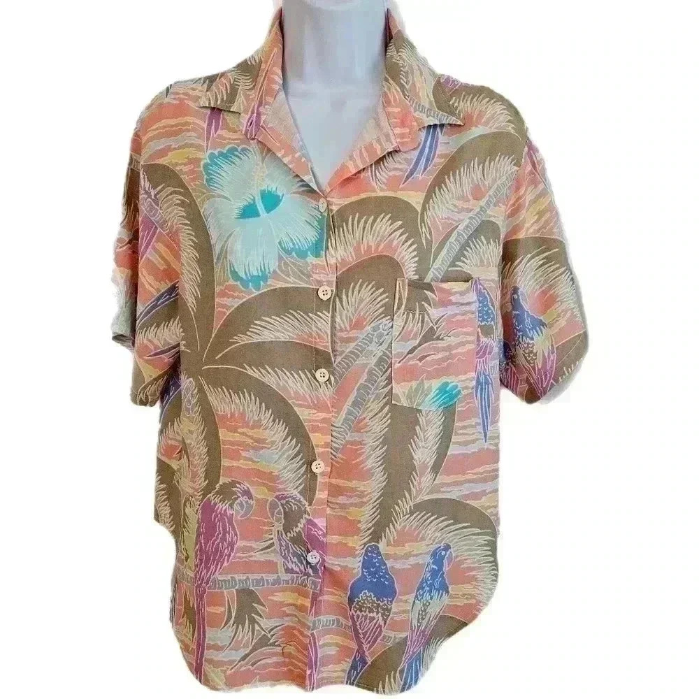 Vintage  Raisin Palm Tree And Hibiscus Floral Parrots Buttonup Hawaiian Shirt M
